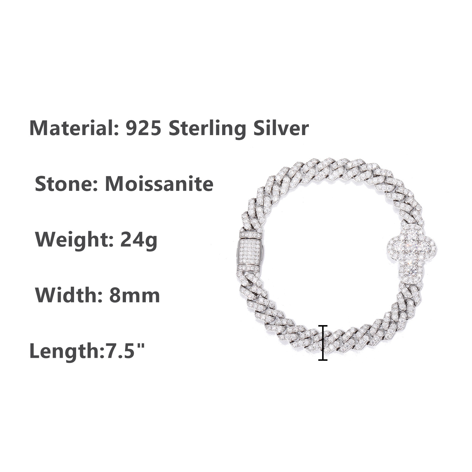 European and American Cross-Border Hip-Hop Single-Row Diamond-Shaped Silver Moissanite Cuban Bracelet, High-End Hot-Selling Accessory, Men's Bracelet Jewelry - Image 6