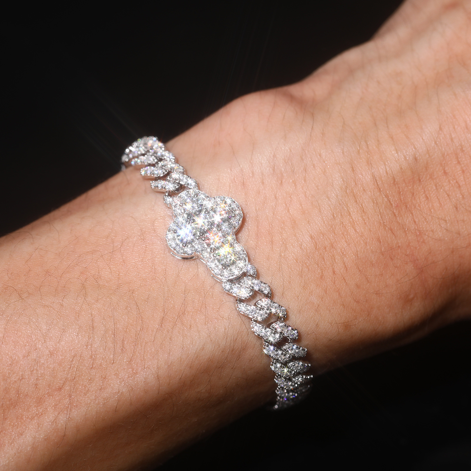 European and American Cross-Border Hip-Hop Single-Row Diamond-Shaped Silver Moissanite Cuban Bracelet, High-End Hot-Selling Accessory, Men's Bracelet Jewelry - Image 7