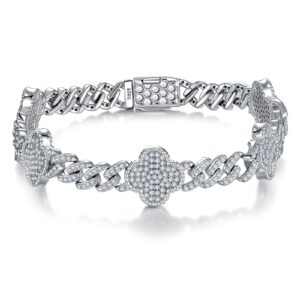 S925 Silver Moissanite Cuban Chain Bracelet European and American Hip-Hop Style Four-Leaf Clover Personalized Hand Jewelry Factory Direct Supply Wholesale
