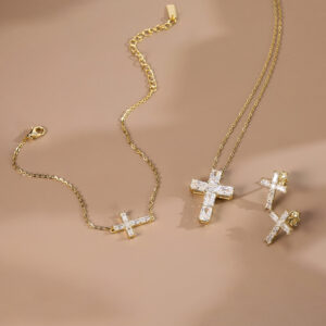 Premium Moissanite Cross Jewelry Set - 18K Gold Plated 3-Piece Necklace, Bracelet & Earrings