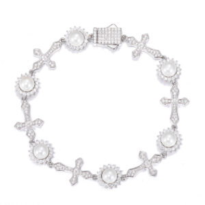 European and American New Style 925 Silver Inlaid Moissanite Cuban Chain Men's Pearl Cross Personalized Fashion Bracelet Women's Wholesale